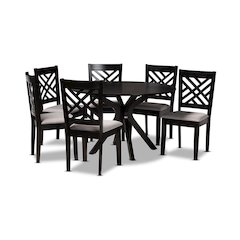 Grey Fabric Upholstered and Dark Brown Finished Wood 7-Piece Dining Set
