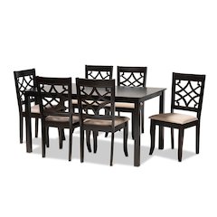 Sand Fabric Upholstered and Espresso Brown Finished Wood 7-Piece Dining Set