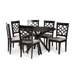 Grey Fabric Upholstered and Dark Brown Finished Wood 7-Piece Dining Set
