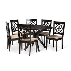 Sand Fabric Upholstered and Dark Brown Finished Wood 7-Piece Dining Set