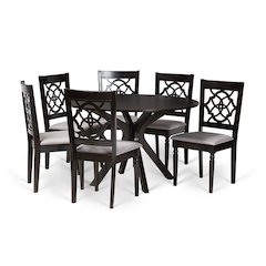 Grey Fabric Upholstered and Dark Brown Finished Wood 7-Piece Dining Set