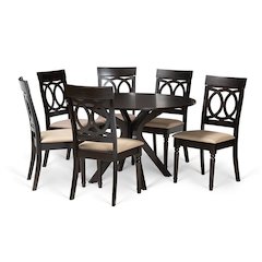 Sand Fabric Upholstered and Dark Brown Finished Wood 7-Piece Dining Set