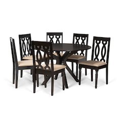 Sand Fabric Upholstered and Dark Brown Finished Wood 7-Piece Dining Set