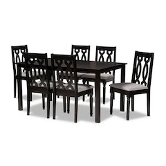 Grey Fabric Upholstered and Dark Brown Finished Wood 7-Piece Dining Set