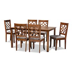 Grey Fabric Upholstered and Walnut Brown Finished Wood 7-Piece Dining Set