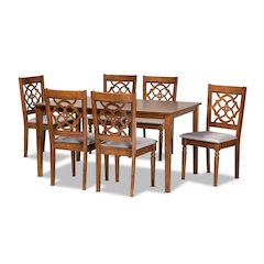 Grey Fabric Upholstered and Walnut Brown Finished Wood 7-Piece Dining Set