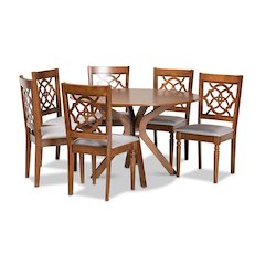 Grey Fabric Upholstered and Walnut Brown Finished Wood 7-Piece Dining Set