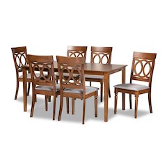 Grey Fabric Upholstered and Walnut Brown Finished Wood 7-Piece Dining Set