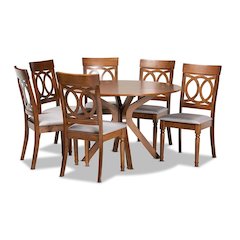 Grey Fabric Upholstered and Walnut Brown Finished Wood 7-Piece Dining Set