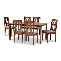 Grey Fabric Upholstered and Walnut Brown Finished Wood 7-Piece Dining Set