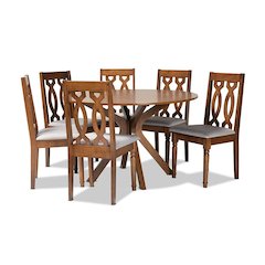 Grey Fabric Upholstered and Walnut Brown Finished Wood 7-Piece Dining Set