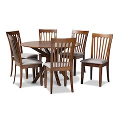 Grey Fabric Upholstered and Walnut Brown Finished Wood 7-Piece Dining Set