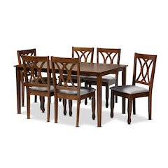Grey Fabric Upholstered and Walnut Brown Finished Wood 7-Piece Dining Set