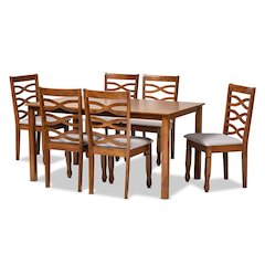 Grey Fabric Upholstered and Walnut Brown Finished Wood 7-Piece Dining Set