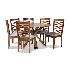 Grey Fabric Upholstered and Walnut Brown Finished Wood 7-Piece Dining Set