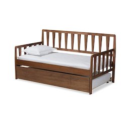 Walnut Brown Finished Wood Twin Size Daybed with Roll-Out Trundle Bed