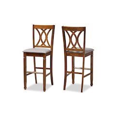 Grey Fabric Upholstered and Walnut Brown Finished Wood 2-Piece Bar Stool Set