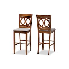 Grey Fabric Upholstered and Walnut Brown Finished Wood 2-Piece Bar Stool Set