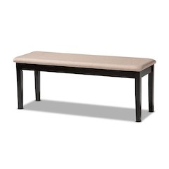 Transitional Sand Fabric Upholstered and Dark Brown Finished Wood Dining Bench