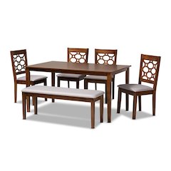 Grey Fabric Upholstered and Walnut Brown Finished Wood 6-Piece Dining Set