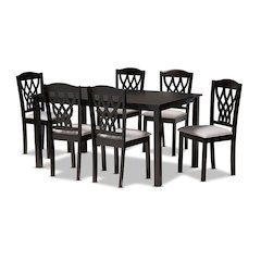 Grey Fabric Upholstered and Dark Brown Finished Wood 7-Piece Dining Set