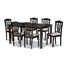 Sand Fabric Upholstered and Dark Brown Finished Wood 7-Piece Dining Set
