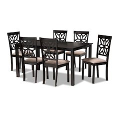 Sand Fabric Upholstered and Dark Brown Finished Wood 7-Piece Dining Set