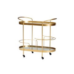 Glam Brushed Gold Finished Metal and Mirrored Glass 2-Tier Mobile Wine Bar Cart