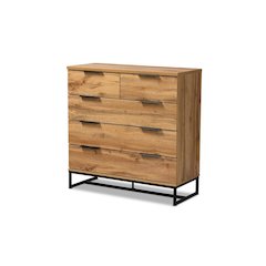 Oak Finished Wood and Black Finished Metal 5-Drawer Bedroom Chest