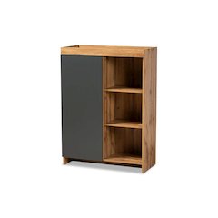 Two-Tone Grey and Oak Brown Finished Wood Shoe Cabinet