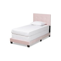 Glam Light Pink Velvet Fabric Upholstered Twin Size Panel Bed