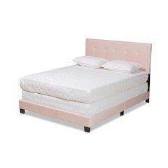 Glam Light Pink Velvet Fabric Upholstered Queen Size Panel Bed