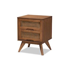 Modern Walnut Brown Finished Wood and Synthetic Rattan 2-Drawer Nightstand