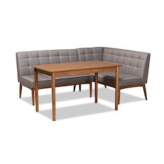 Grey Fabric Upholstered and Walnut Brown Finished Wood 3-Piece Dining Nook Set