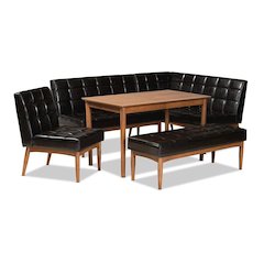 Leather Upholstered and Walnut Brown Finished Wood 5-Piece Dining Nook Set