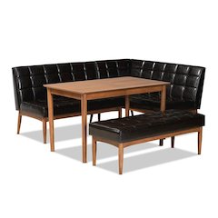 Leather Upholstered and Walnut Brown Finished Wood 4-Piece Dining Nook Set