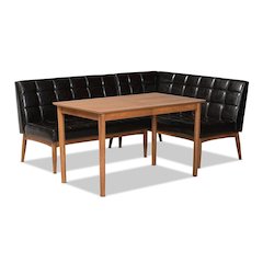 Leather Upholstered and Walnut Brown Finished Wood 3-Piece Dining Nook Set