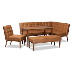 Leather Upholstered and Walnut Brown Finished Wood 5-Piece Dining Nook Set