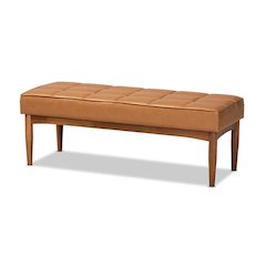 Leather Upholstered and Walnut Brown Finished Wood Dining Bench