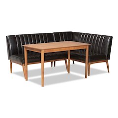 Leather Upholstered and Walnut Brown Finished Wood 3-Piece Dining Nook Set
