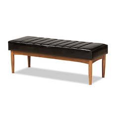 Leather Upholstered and Walnut Brown Finished Wood Dining Bench