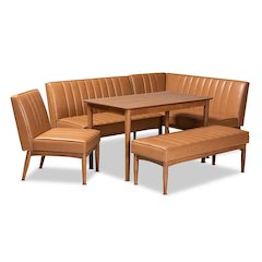 Leather Upholstered and Walnut Brown Finished Wood 5-Piece Dining Nook Set