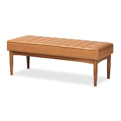 Leather Upholstered and Walnut Brown Finished Wood Dining Bench