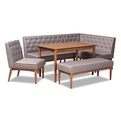 Grey Fabric Upholstered and Walnut Brown Finished Wood 5-Piece Dining Nook Set