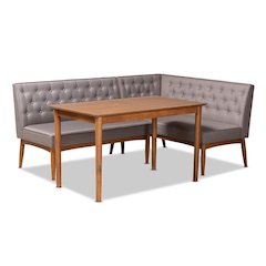 Grey Fabric Upholstered and Walnut Brown Finished Wood 3-Piece Dining Nook Set