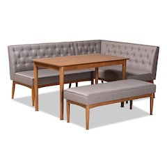 Grey Fabric Upholstered and Walnut Brown Finished Wood 4-Piece Dining Nook Set