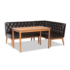Leather Upholstered and Walnut Brown Finished Wood 3-Piece Dining Nook Set