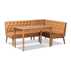 Leather Upholstered and Walnut Brown Finished Wood 3-Piece Dining Nook Set