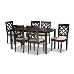 Sand Fabric Upholstered and Dark Brown Finished Wood 7-Piece Dining Set