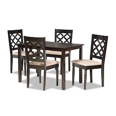 Sand Fabric Upholstered and Dark Brown Finished Wood 5-Piece Dining Set